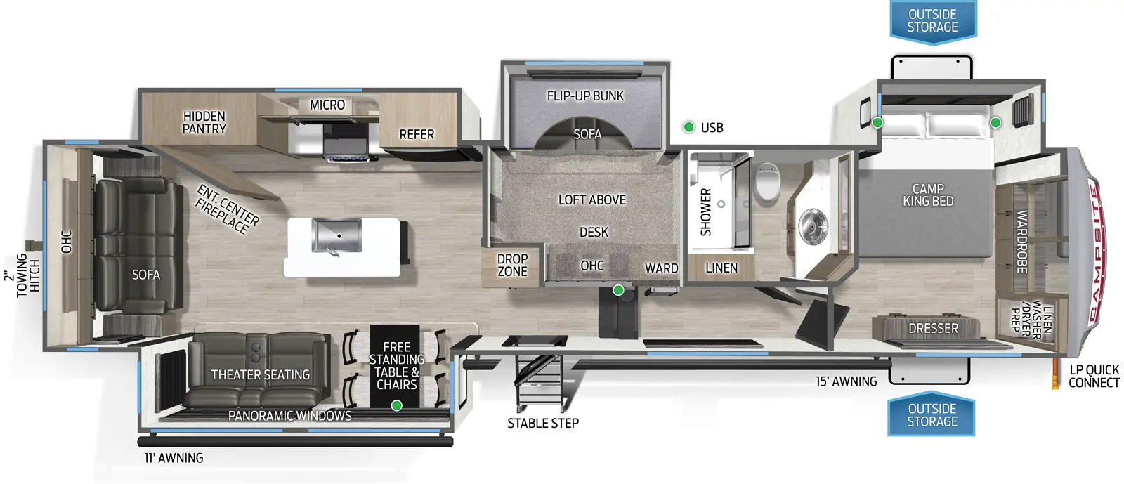 The Campsite Elite 36RF floorplan has one entry and four slide outs. Exterior features include: metal exterior and 11' &15' awning. Interiors features include: bunk beds, loft, kitchen island, free-standing dinette option, front bedroom and rear living.
